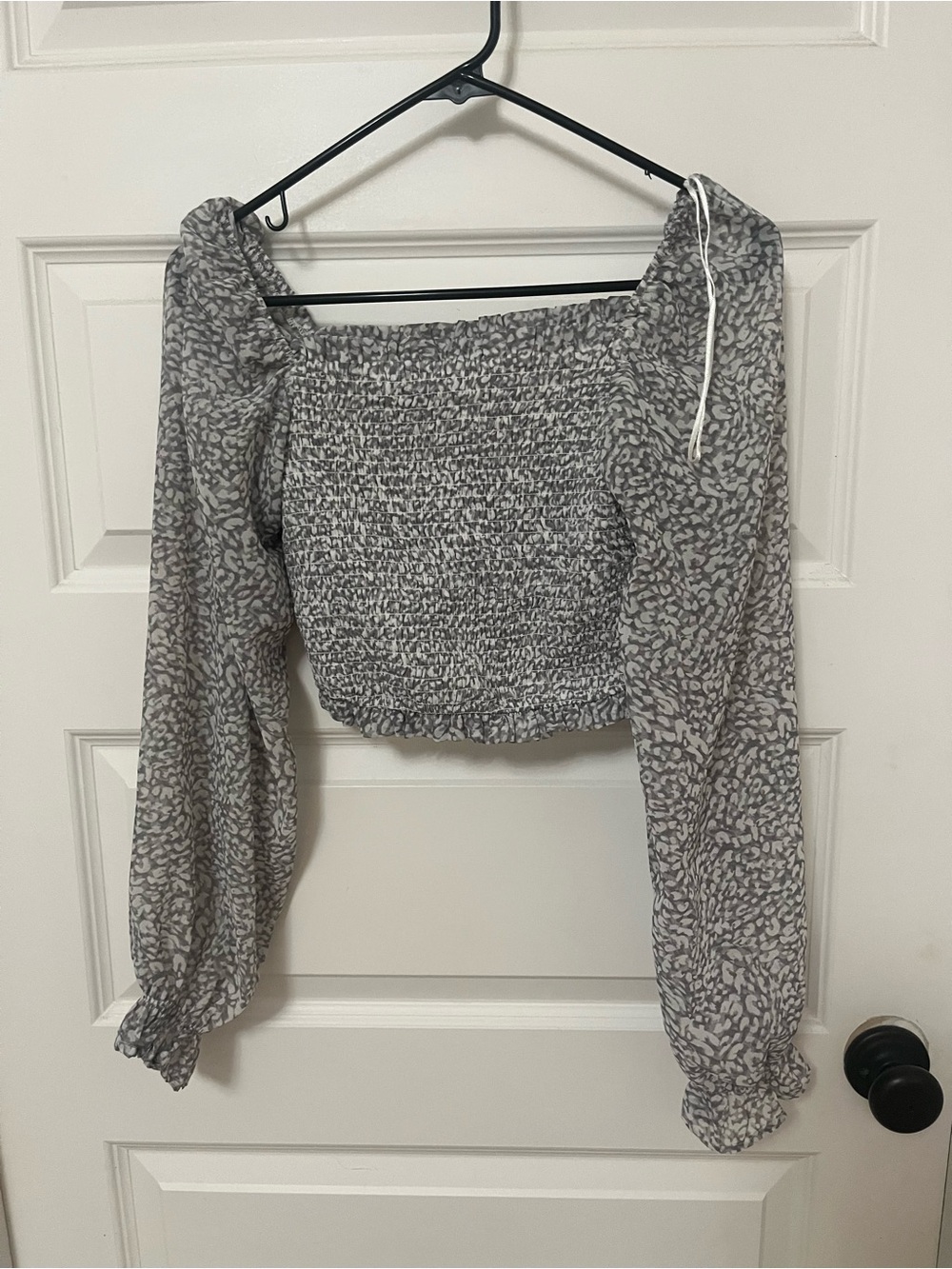 Japna Gray Smocked Off-Shoulder Crop Top